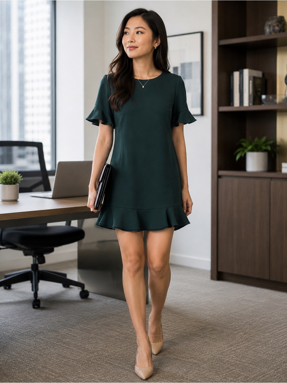 CeCe Dark Green Ruffle-Hem Mini Dress